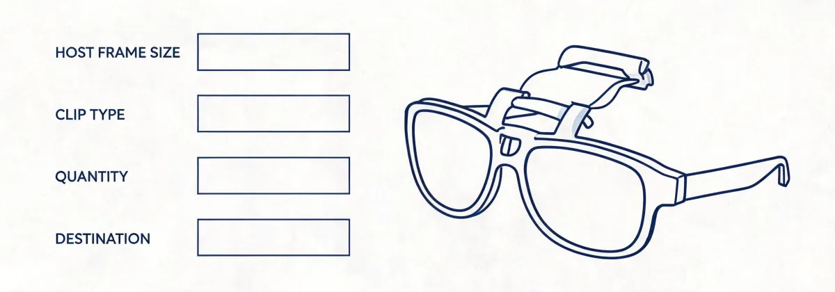 Procurement checklist illustration for clip-on sunglasses, not a mapped office
