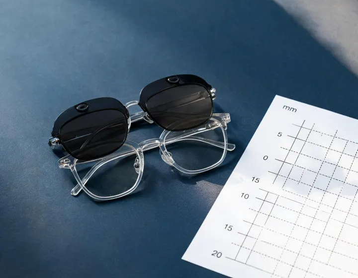 Unbranded clip-on sunglasses beside a millimetre frame sizing chart