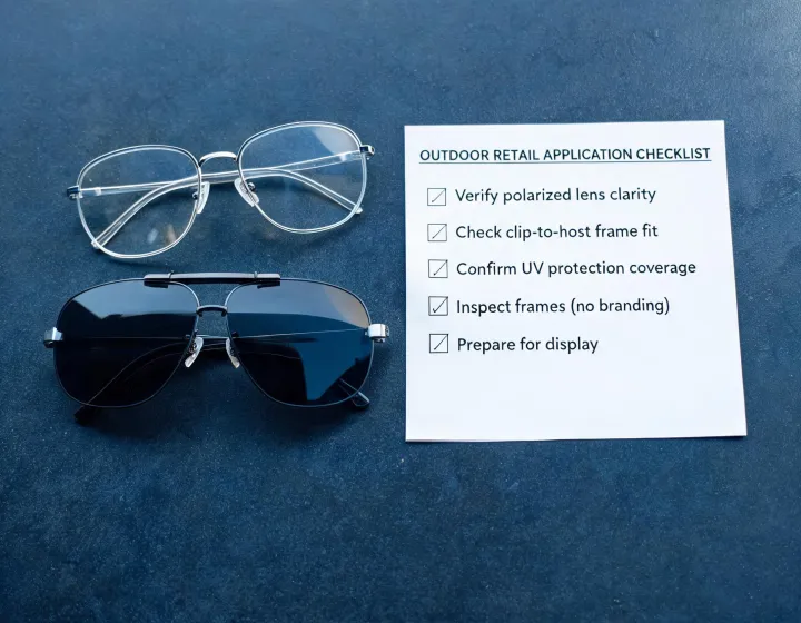 Polarized clip-on sunglasses beside an outdoor retail checklist