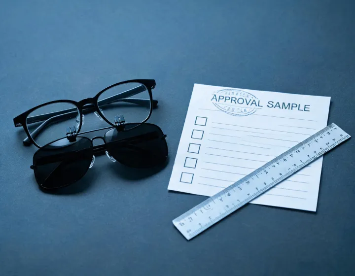 Sample clip-on sunglasses beside an approval checklist