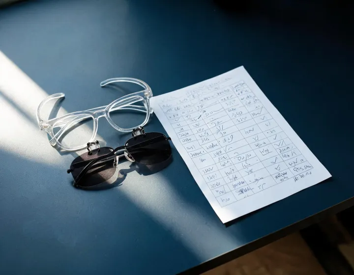 Clip-on sunglasses specification worksheet on a dark sourcing desk